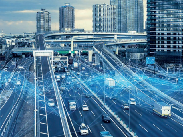 Motorway with lines of light connecting cars