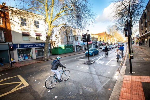 TfL Image - People cycling on the CS9 cycleway on Chiswick High Street